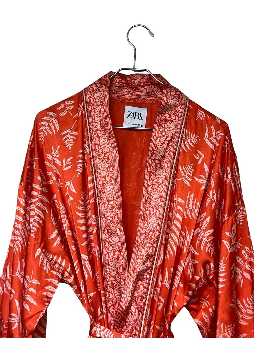 Zara Hanoi orange and white leaf print satin long kimono with waist tie - Picture 8 of 16